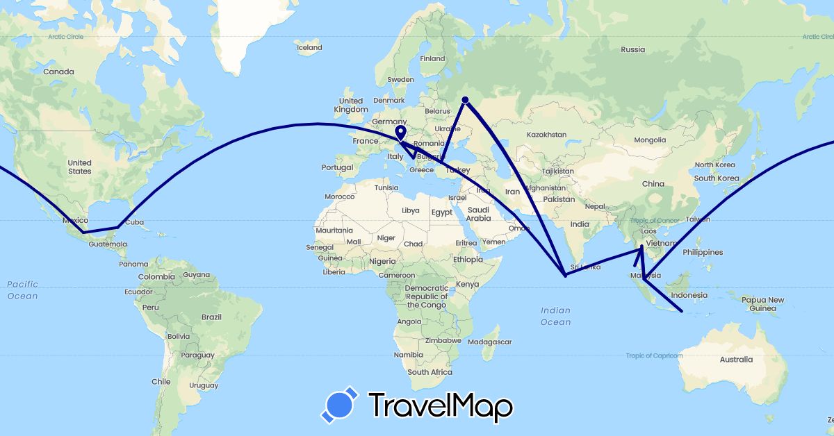 TravelMap itinerary: driving in United Arab Emirates, Indonesia, Japan, Montenegro, Maldives, Mexico, Malaysia, Serbia, Russia, Slovenia, Thailand, Turkey (Asia, Europe, North America)